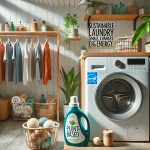 DALL·E 2025-02-21 11.43.41 – A bright, modern laundry room with natural light. A wooden drying rack holds colorful clothes air-drying. A bottle of eco-friendly detergent labeled ‘